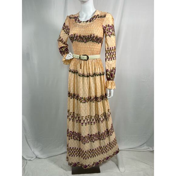 Vintage 70s Boho Peach and Floral Print Long Sleeve Maxi Dress XS - Picture 1 of 8